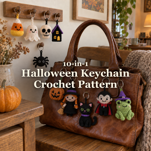 Ten Halloween crochet keychains hang from a wooden key rack and a brown handbag in a cosy autumn home, with the title 10-in-1 Halloween Keychain Crochet Pattern.