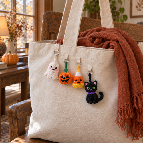 A ghost, jack-o'-lantern pumpkin, candy corn and black cat crochet keychain hang from silver rings on a canvas tote with a rust scarf.
