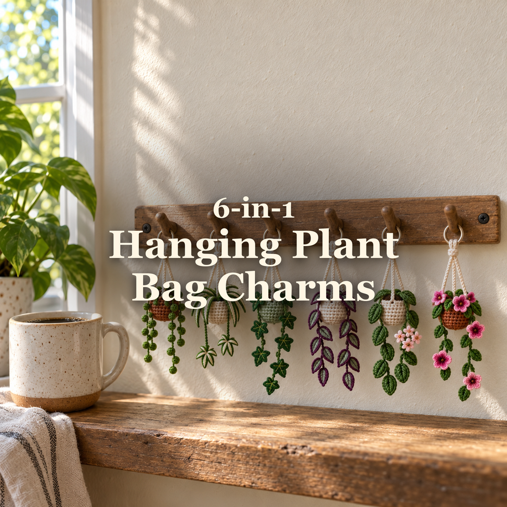 Six miniature crochet hanging-basket plants by a sunny window: string of pearls, spider plant, ivy, purple tradescantia, hoya and petunia, with cream hangers.