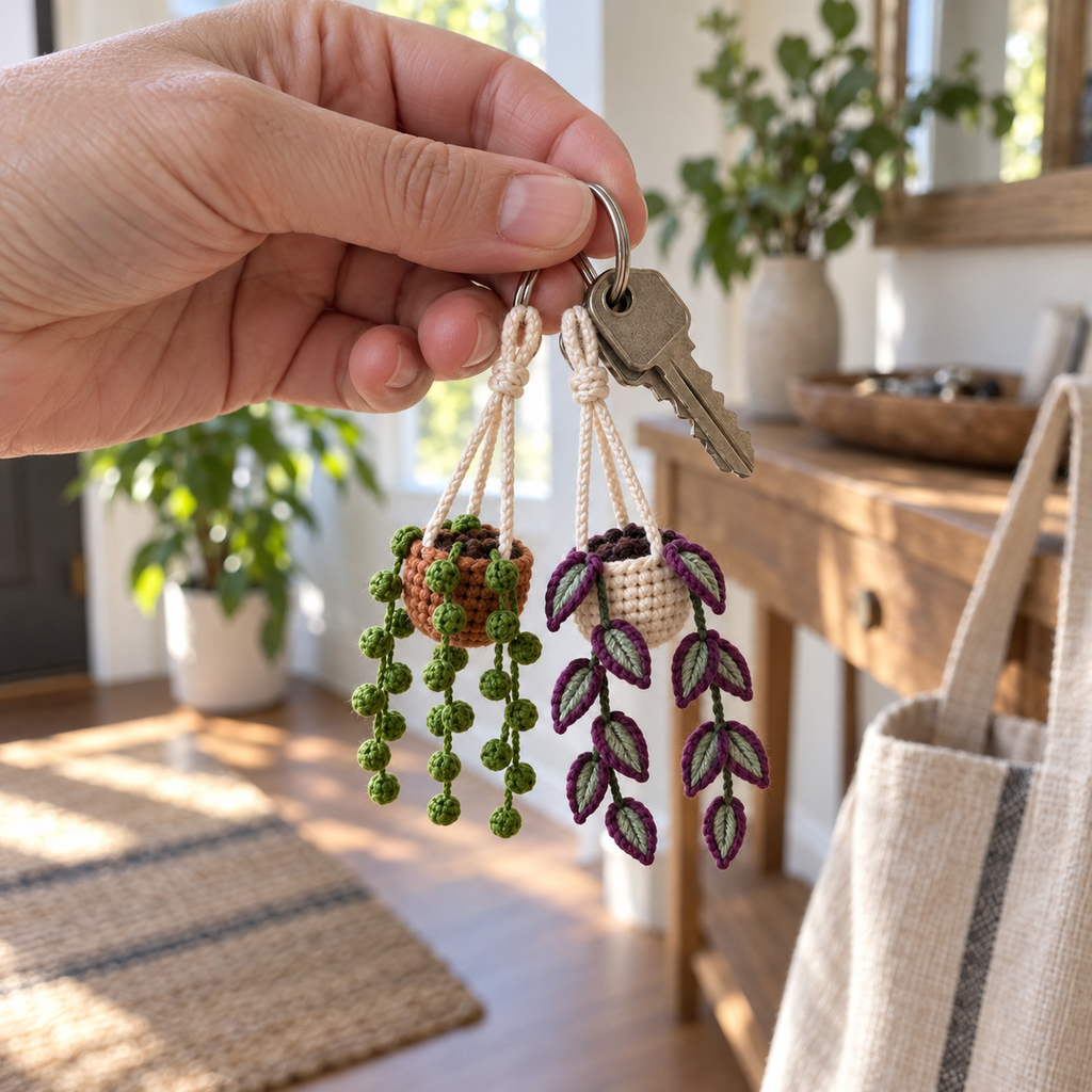 An adult hand holding keys with two miniature crochet hanging plant baskets suspended from their cream top loops.
