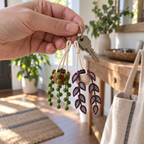 An adult hand holding keys with two miniature crochet hanging plant baskets suspended from their cream top loops.