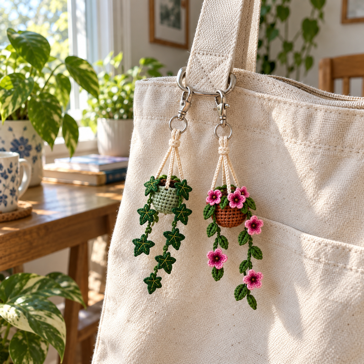 Miniature crochet hanging-basket plant charms attached by their top loops to a canvas bag in a bright plant-filled room.
