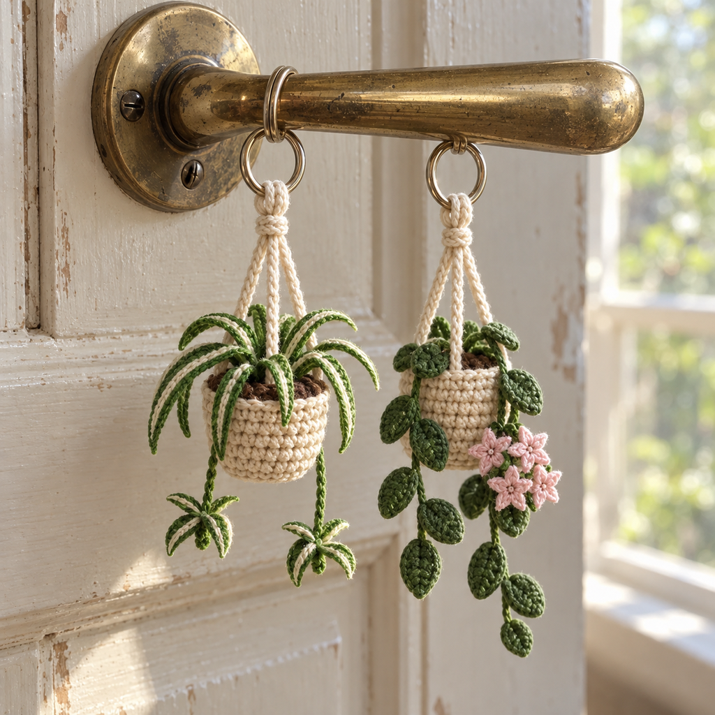 Miniature crochet hanging-basket plants suspended from a door handle, with cotton stitches and cream hanger cords visible.