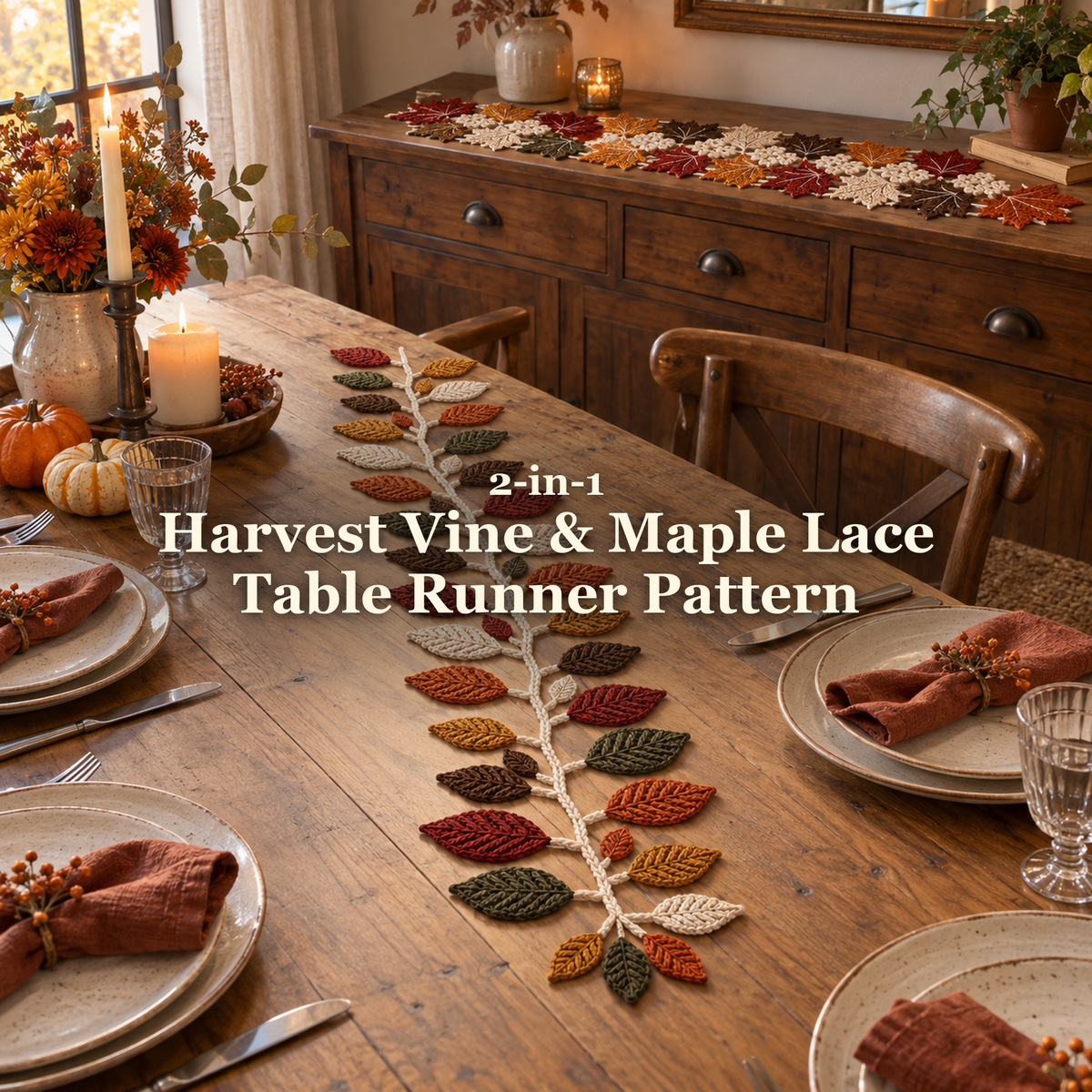 Harvest Vine crochet runner on an autumn dining table with Maple Lace on the sideboard behind: 2-in-1 Harvest Vine & Maple Lace Table Runner Pattern
