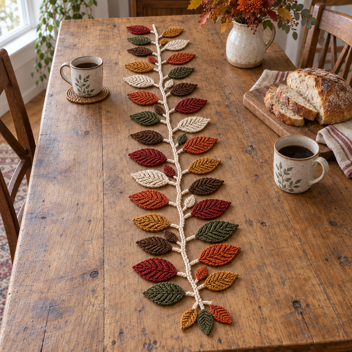 Harvest Vine crochet runner with autumn leaves on a cream cord down a farmhouse table beside mugs and bread.