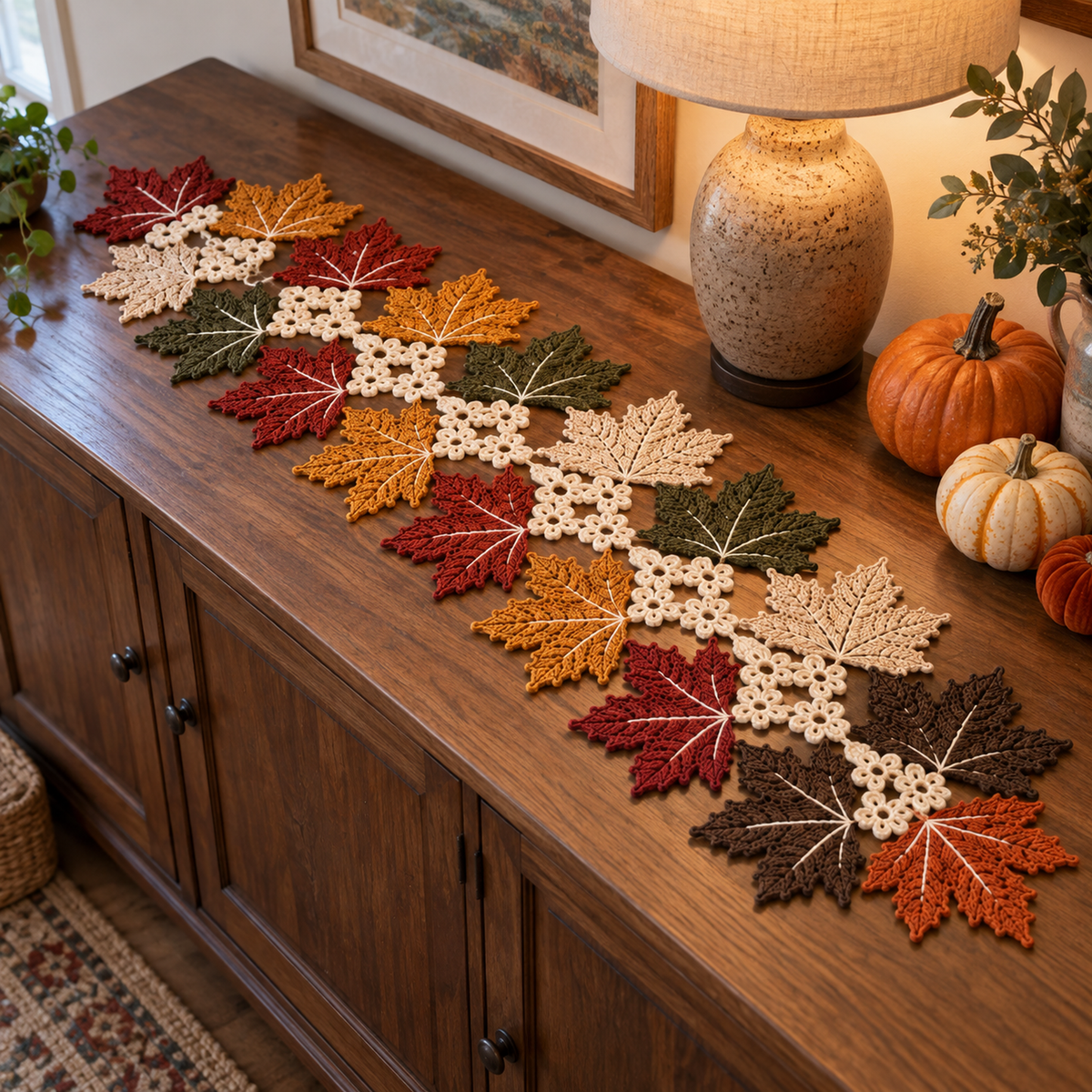 Maple Lace crochet runner of autumn maple leaves and cream floral lace on a wooden sideboard beside a lamp and small pumpkins.