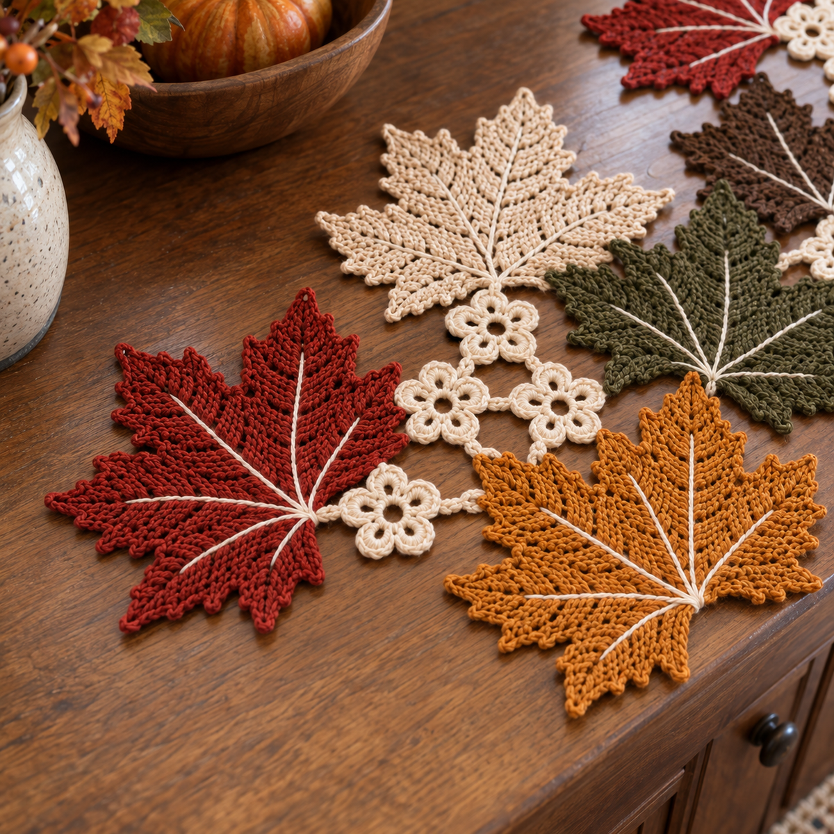 Close view of crochet maple leaves with cream veins and open floral lace.