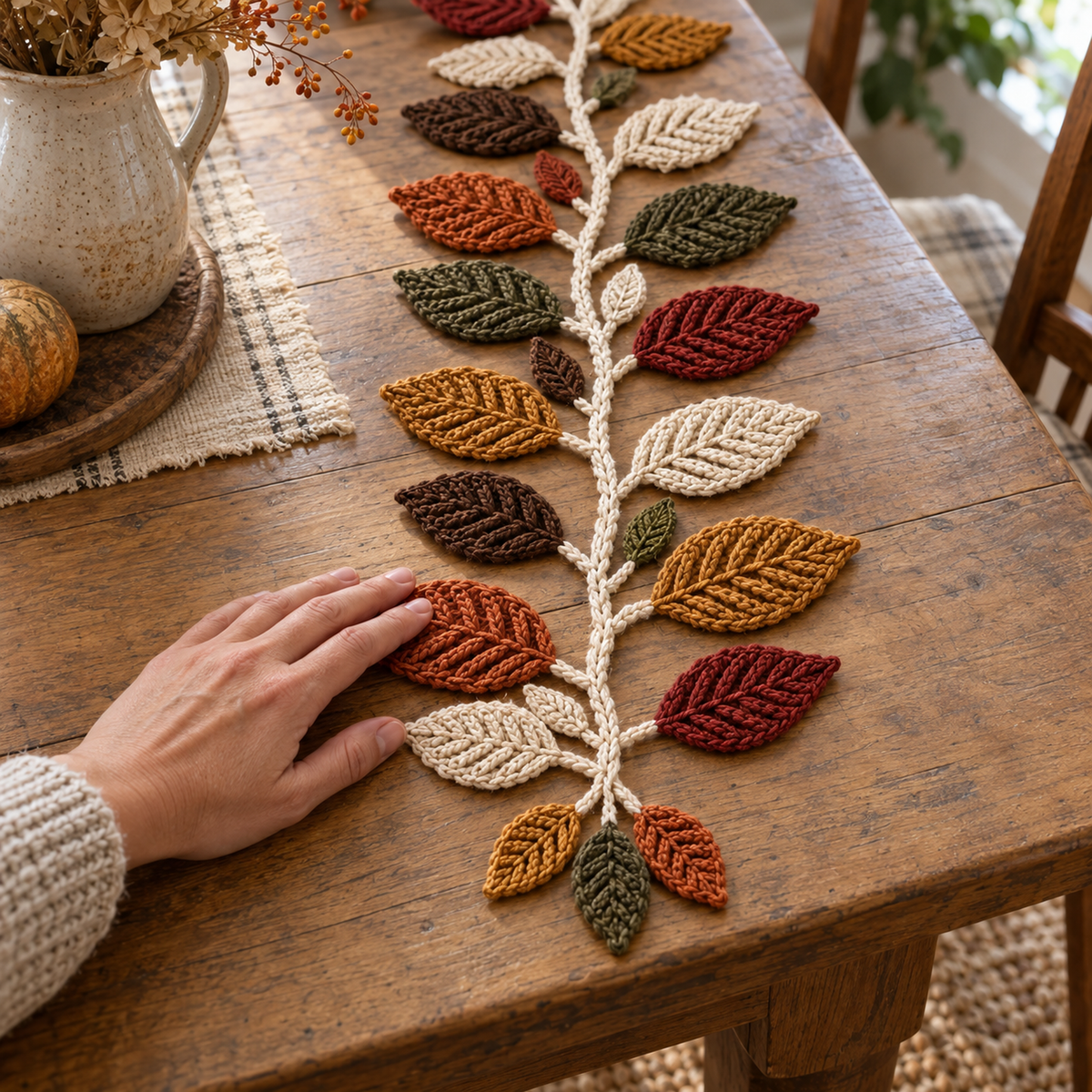 An adult hand smoothing a leaf at the end of the Harvest Vine crochet runner on a wooden table.