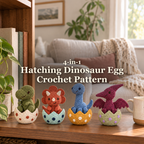 Moss-green T-Rex, terracotta Triceratops, dusty-blue Brachiosaurus and plum Pterodactyl in colourful cracked crochet eggs on a wooden living-room shelf, with the title 4-in-1 Hatching Dinosaur Egg Crochet Pattern.