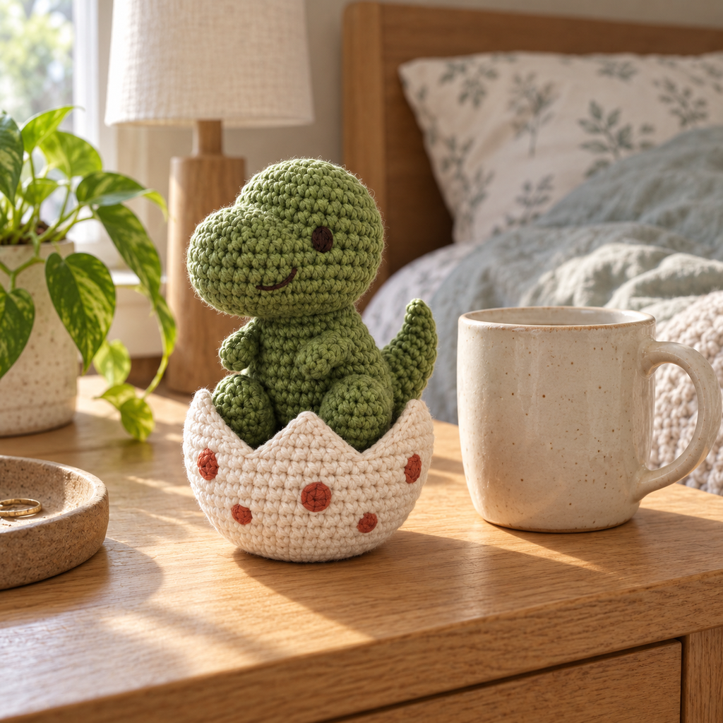 Moss-green crocheted T-Rex sitting in an ivory egg with terracotta spots on a bedside table beside a ceramic mug.