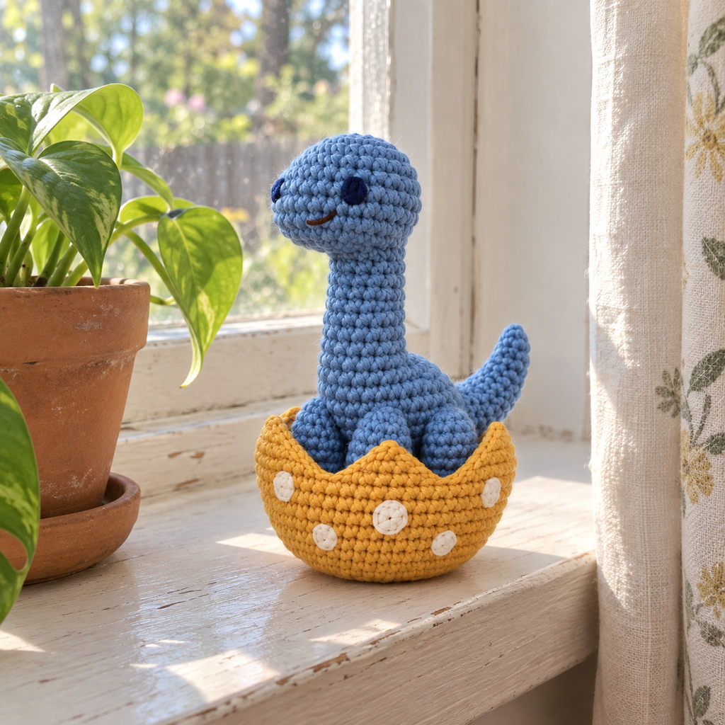 Dusty-blue crocheted Brachiosaurus in a mustard-yellow egg with ivory spots on a home windowsill beside a potted plant.