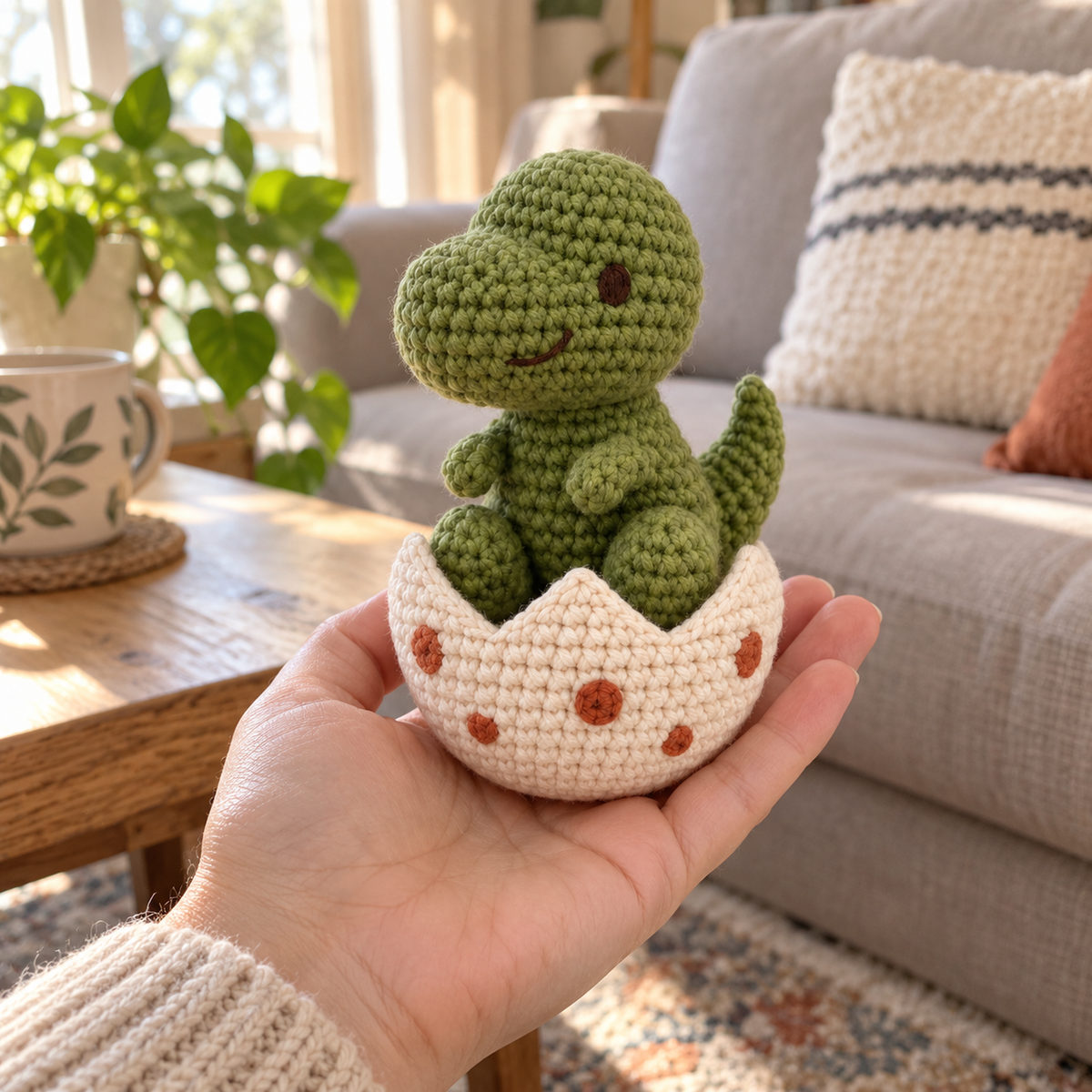 An adult hand holding a moss-green crocheted T-Rex in its ivory spotted egg in a sunlit living room.