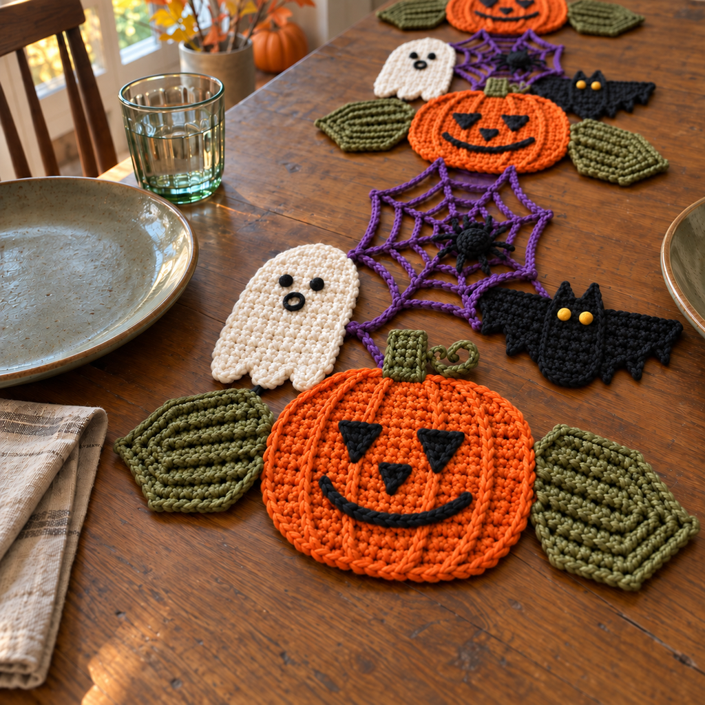 Orange crochet jack-o-lantern with raised ribs, a green stem and curly tendril, joined to olive leaves and other Halloween motifs on a wooden table beside stoneware plates and a water glass.