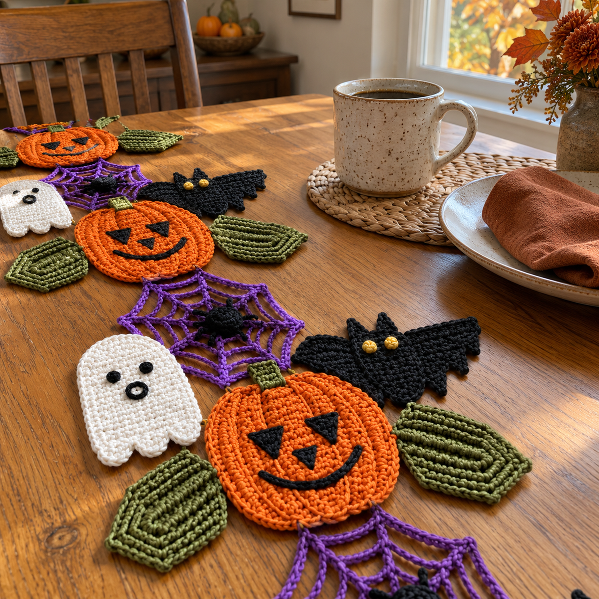 White crochet ghost with black eyes, a round mouth and a wavy hem joined into the Halloween runner on a wooden breakfast table beside a speckled mug and plate.