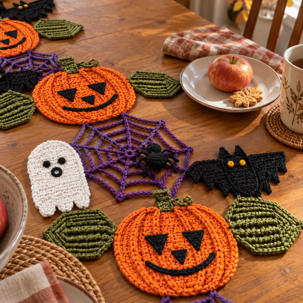Plum crochet spiderweb with a small black crochet spider, joined between orange pumpkins beside a white ghost and black bat on a table set with an apple and mug.