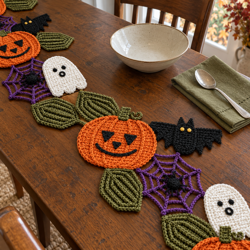 Black crochet bat with pointed ears, scalloped wings and yellow eyes joined into the Halloween runner on a wooden table beside a bowl, olive napkin and spoon.