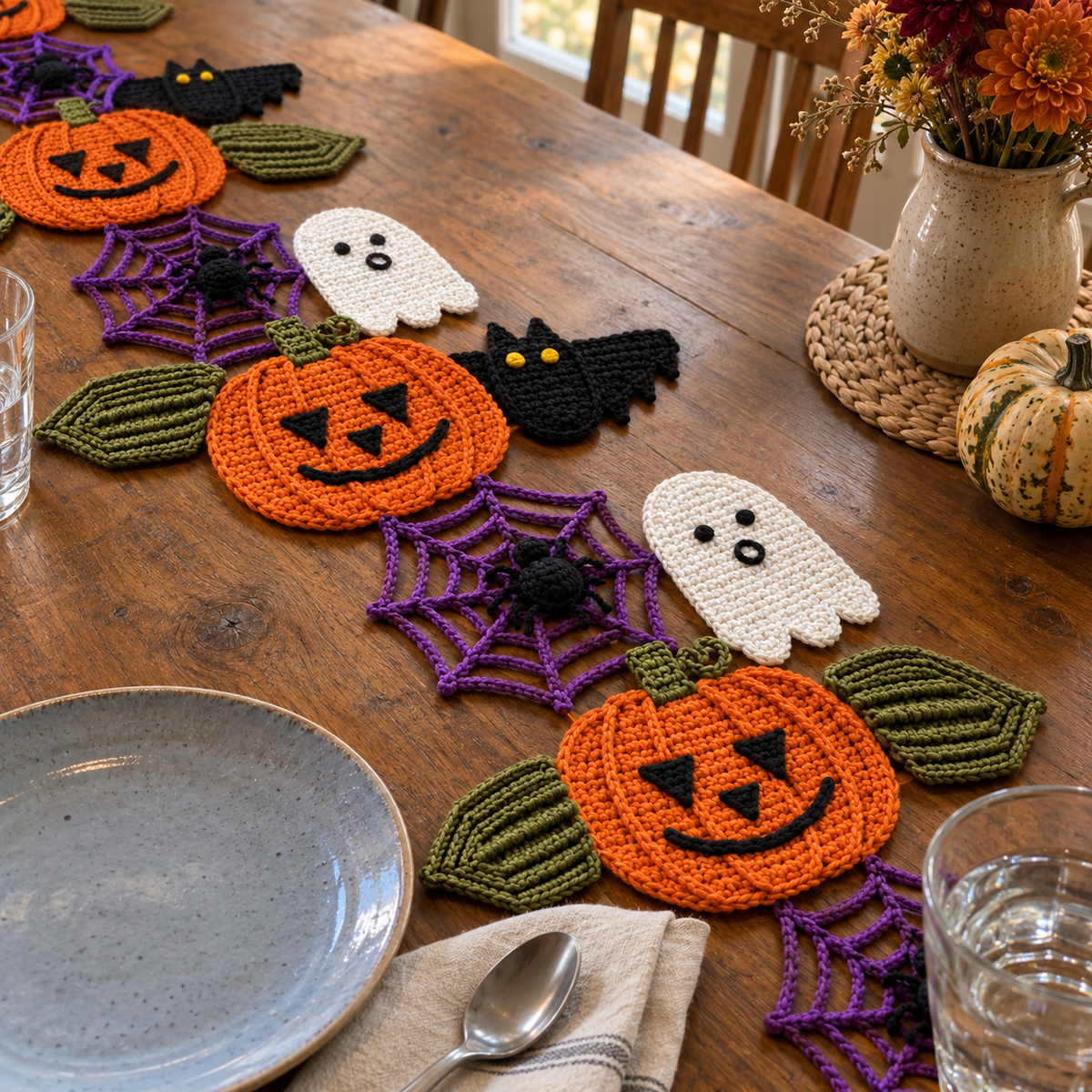 Ribbed olive crochet leaves attached to orange pumpkin motifs in the Halloween table runner beside a blue-grey plate, linen napkin and water glass.