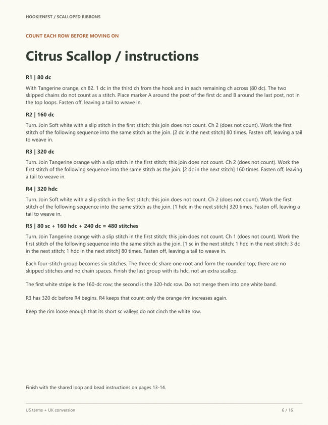 PDF page 269 with Citrus Scallop crochet rows and stitch counts.