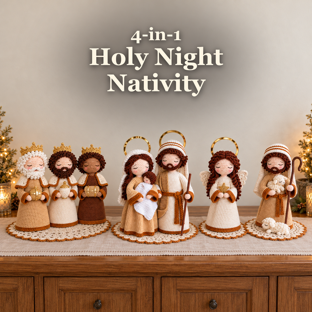 Four crocheted nativity scenes arranged on a warm Christmas sideboard beneath the title 4-in-1 Holy Night Nativity.