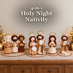 Four crocheted nativity scenes arranged on a warm Christmas sideboard beneath the title 4-in-1 Holy Night Nativity.
