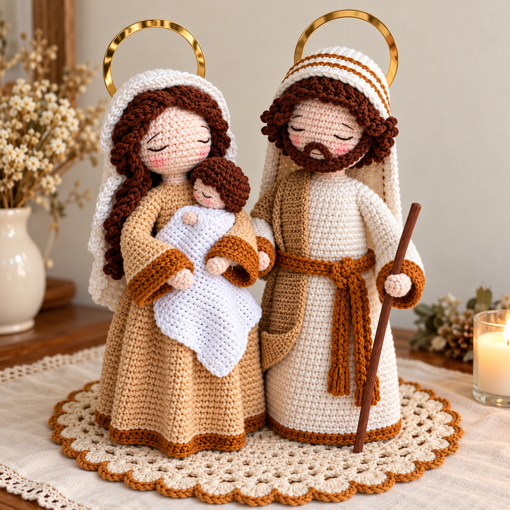 Mary cradles Baby beside Joseph in ivory and camel crochet robes, with gold ring halos, a white blanket and a cream doily edged in caramel.