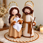 Mary cradles Baby beside Joseph in ivory and camel crochet robes, with gold ring halos, a white blanket and a cream doily edged in caramel.