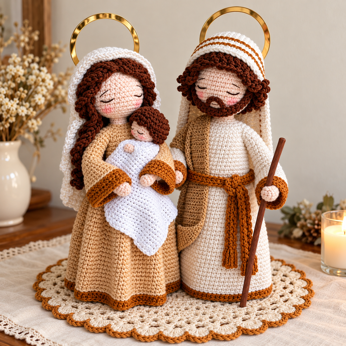 Mary cradles Baby beside Joseph in ivory and camel crochet robes, with gold ring halos, a white blanket and a cream doily edged in caramel.