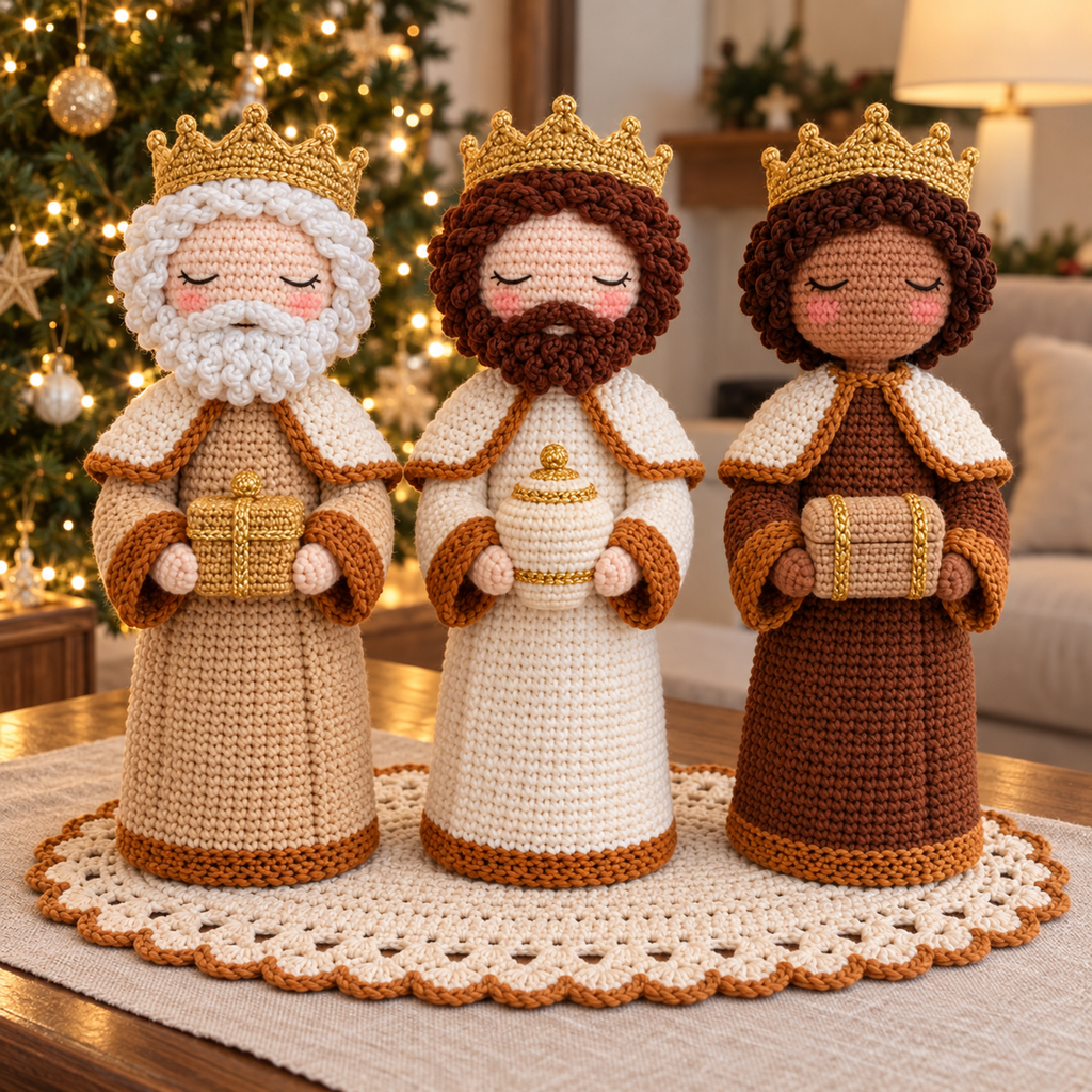 Three crocheted kings in camel, ivory and brown robes hold a box, jar and chest on an oval doily beside a lit Christmas tree.