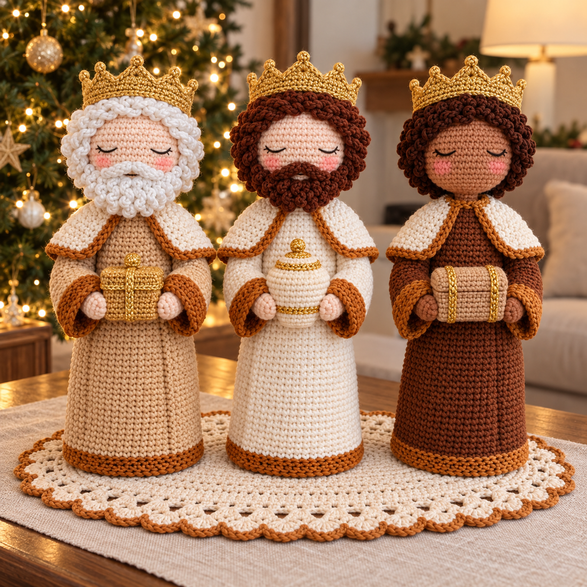 Three crocheted kings in camel, ivory and brown robes hold a box, jar and chest on an oval doily beside a lit Christmas tree.