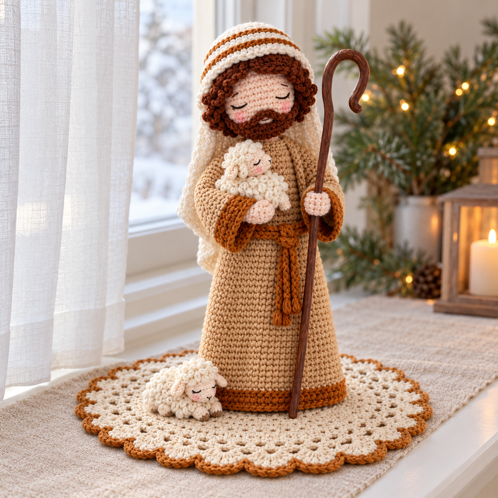 A crocheted Shepherd holds a small cream lamb beside a wooden crook, with a second lamb resting on his doily by a softly lit window.