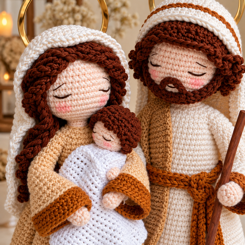 Close view of Mary and Baby with closed embroidered eyes, brown curls and a white blanket, beside Joseph's curly beard and small mouth.