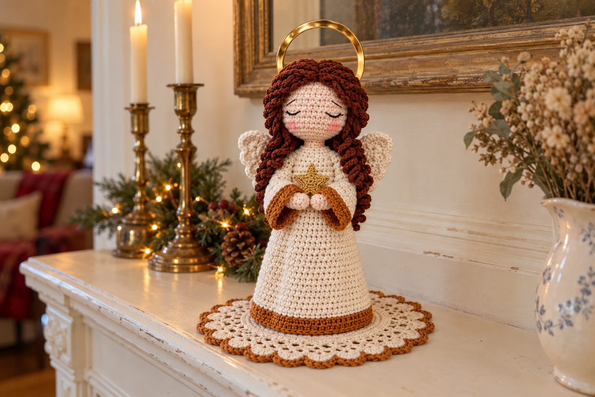 Angel crochet pattern: cream robe and wings, brown curls, gold halo and a gold star, on a scalloped doily by candlesticks.