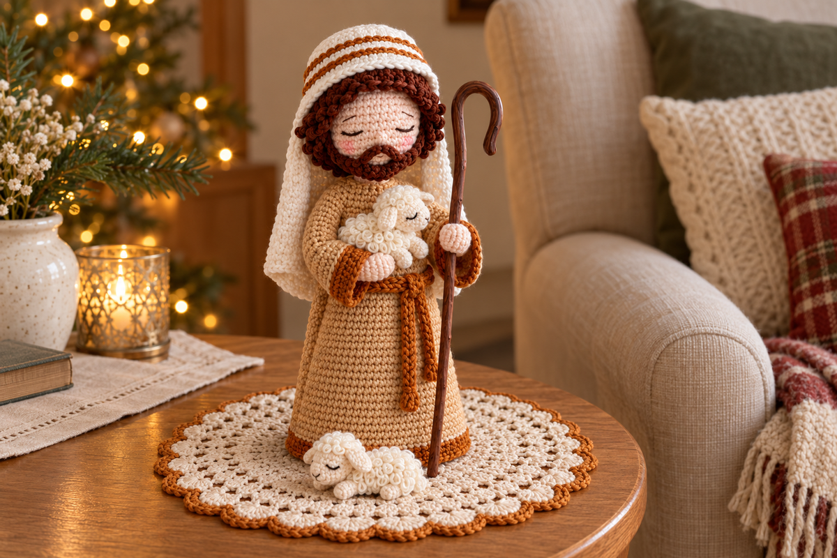 Shepherd & Lambs crochet pattern: a bearded shepherd with a striped headcloth and hooked crook holds a lamb, with a second lamb resting on his doily.