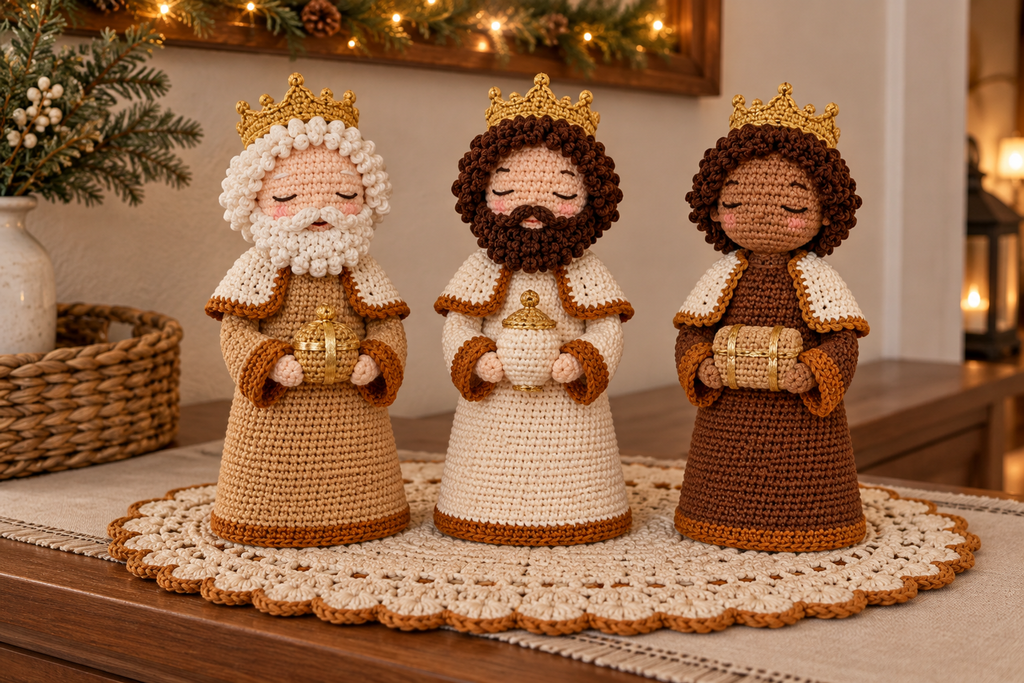 Three Wise Men crochet pattern: three crowned kings in camel, ivory and brown robes holding a box, jar and chest on an oval doily.