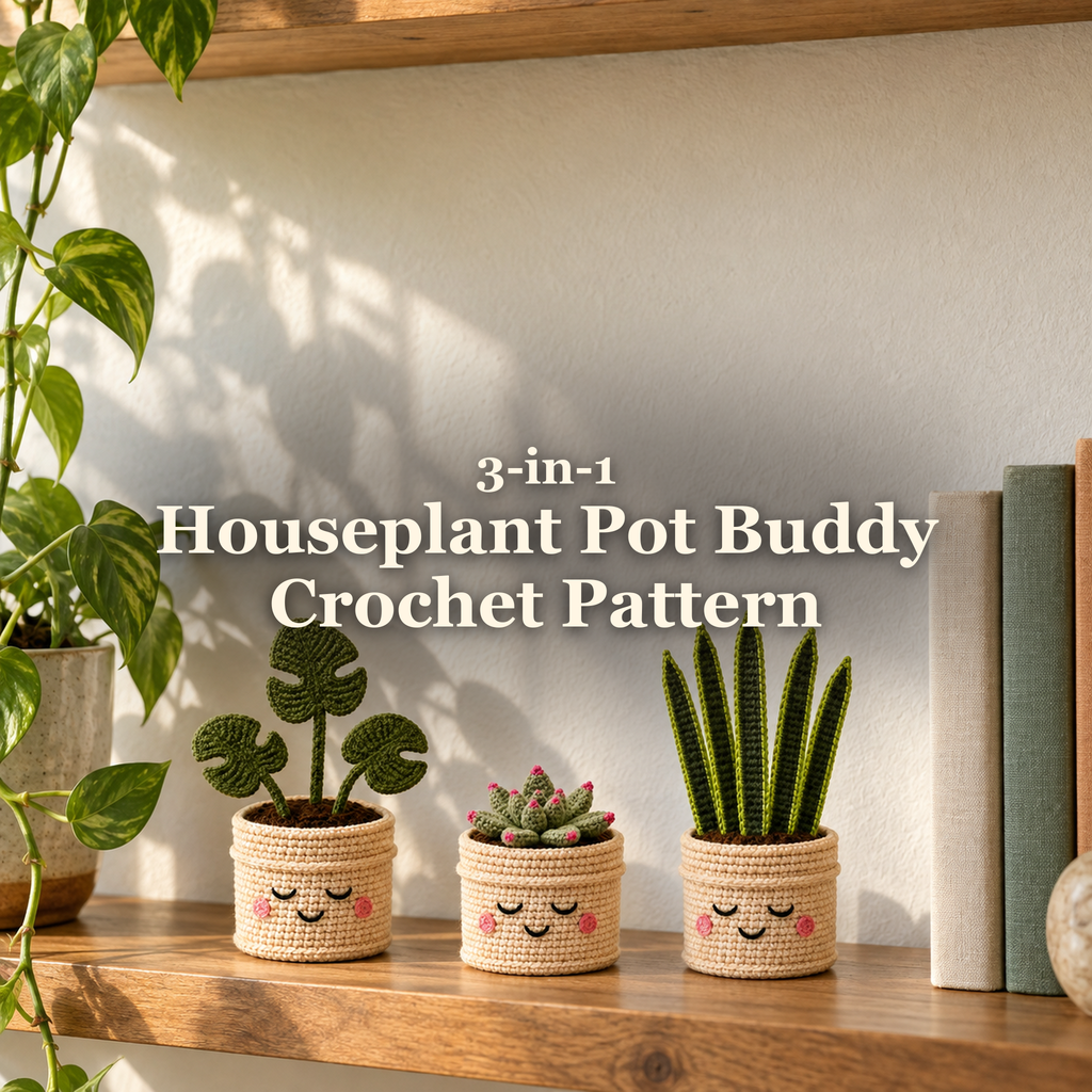 Three small crochet houseplants with cream smiling pots on a sunny wooden shelf beside books and a trailing plant, with the title 3-in-1 Houseplant Pot Buddy Crochet Pattern.