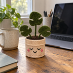 A Monstera crochet plant in a cream smiling pot on a wooden home office desk beside a laptop and ceramic mug.