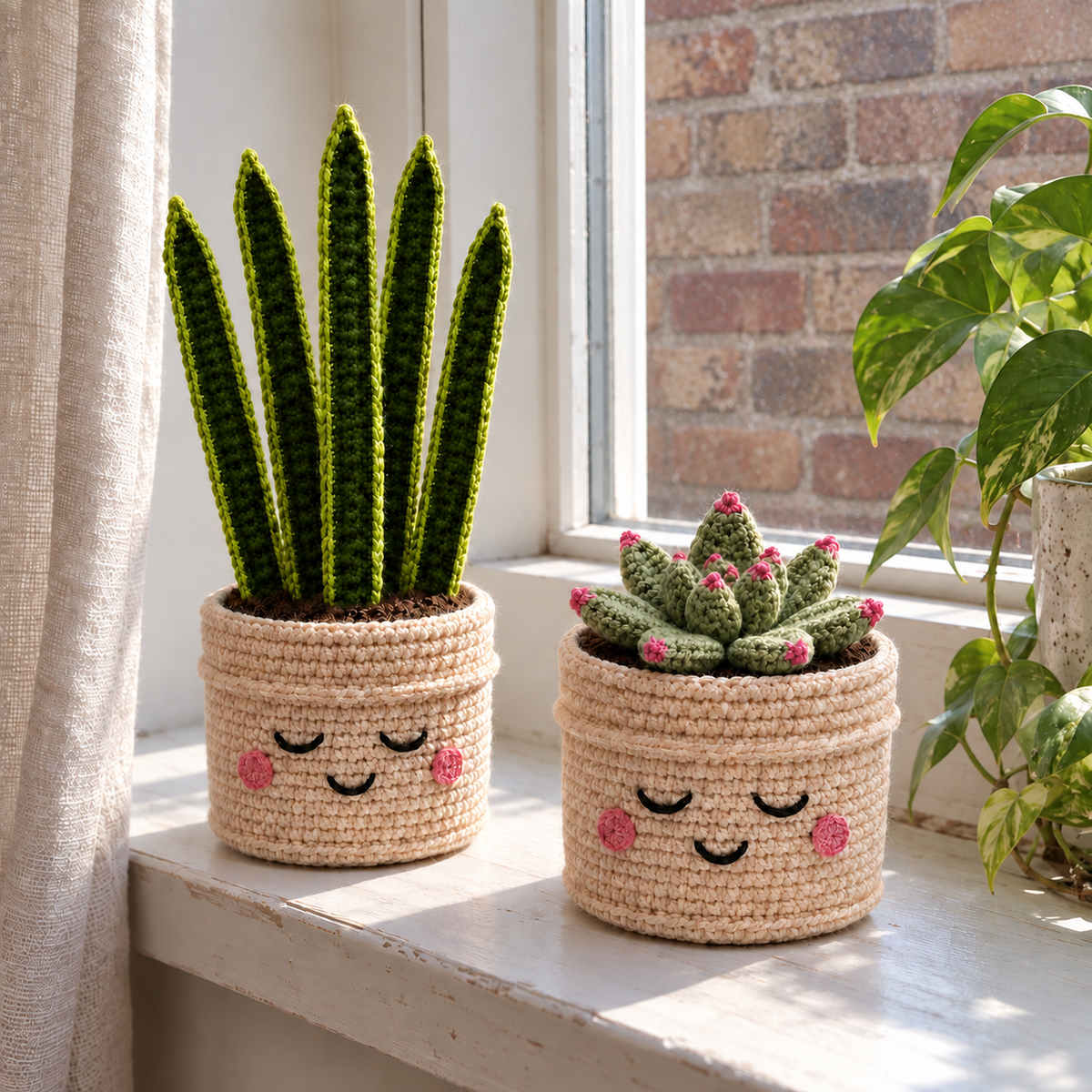 Snake Plant and pink-tipped Succulent crochet pot buddies in cream smiling pots on a bright home windowsill.