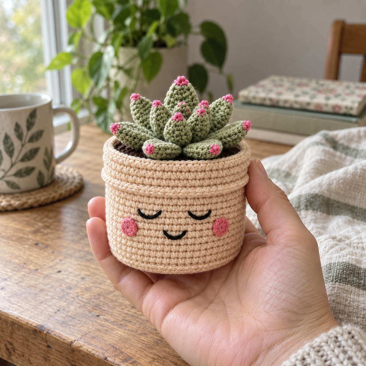 An adult hand holding a small pink-tipped sage-green crochet Succulent in a cream smiling pot beside a home window.