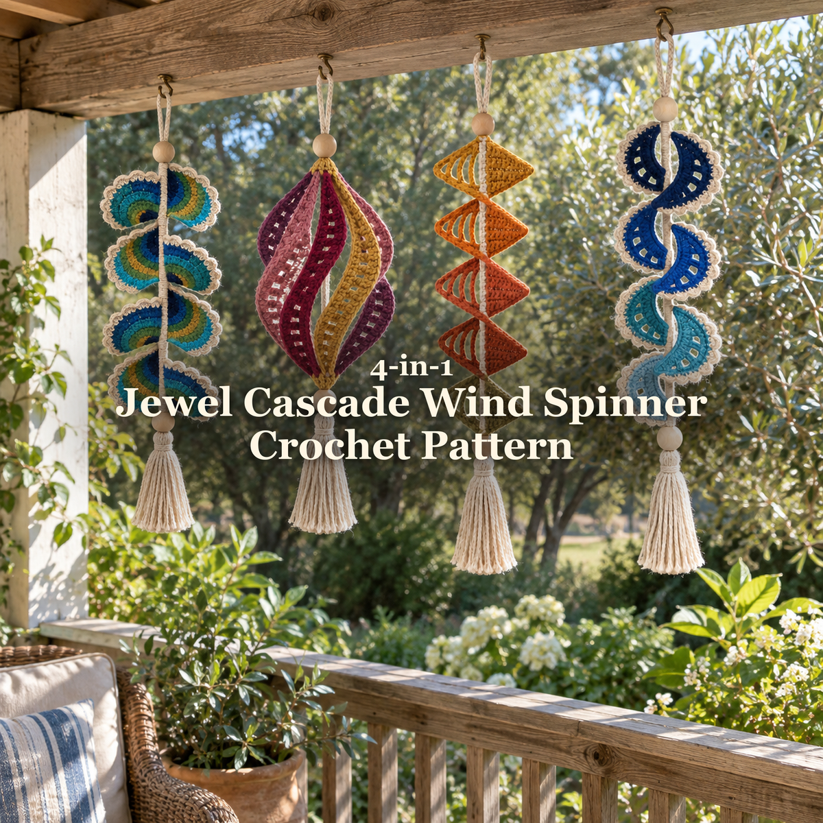 Four jewel-toned crochet wind spinners with wooden beads and oatmeal tassels hanging from separate hooks under a sunny wooden porch beam, with the product title across the centre.