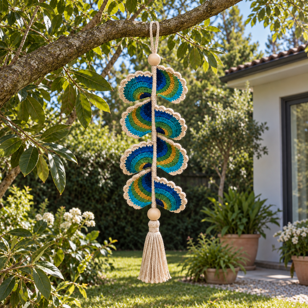 A blue, teal, green and gold Peacock Fan crochet wind spinner hanging by its oatmeal loop from a tree branch in a home garden.