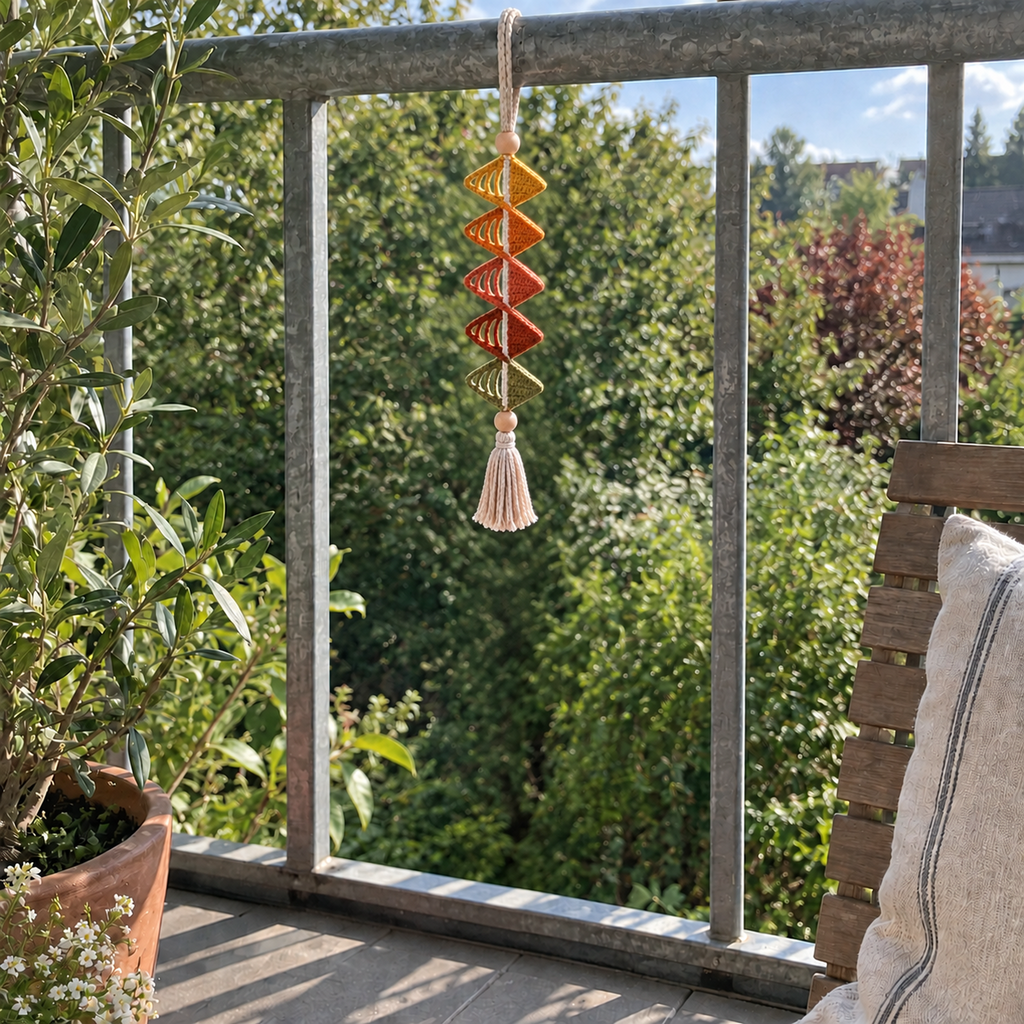 A mustard, amber, terracotta, rust and olive Amber Diamond crochet wind spinner hanging by its oatmeal loop from a balcony rail.