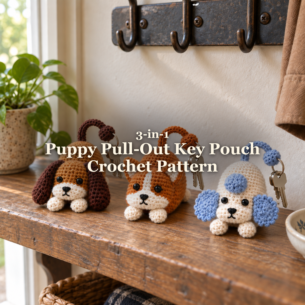 Corgi, Floppy Beagle and pale-blue-eared Poodle crochet key pouches with keys on a wooden entryway shelf beneath wall hooks, with the product title across the centre.
