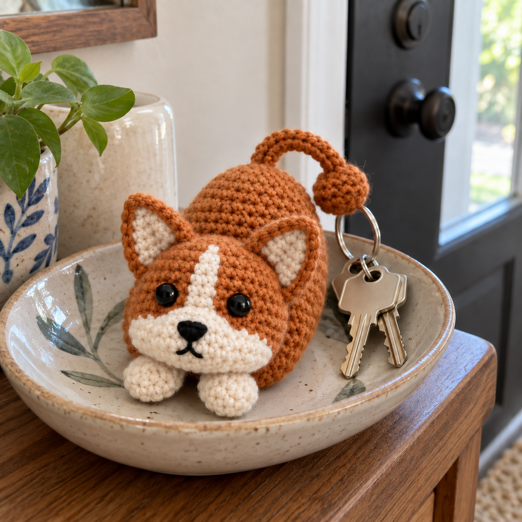 An orange and cream Corgi crochet key pouch with house keys in a ceramic key dish beside the front door.
