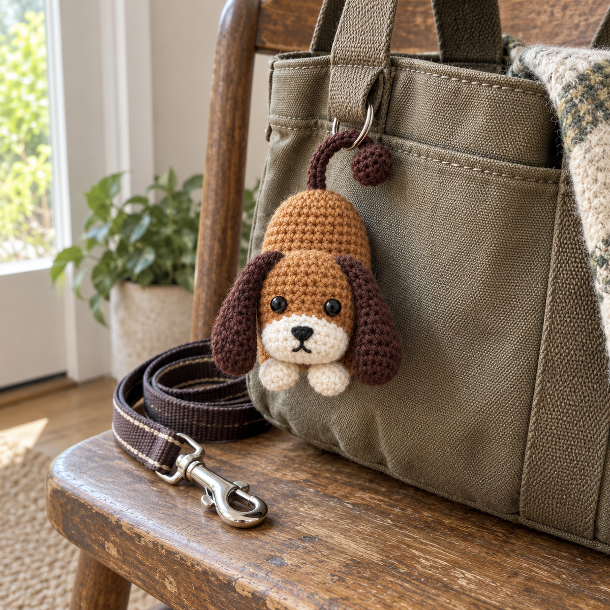 A tan and brown Floppy Beagle crochet key pouch hanging from a canvas dog-walking bag on a wooden chair, with a dog lead beside it.