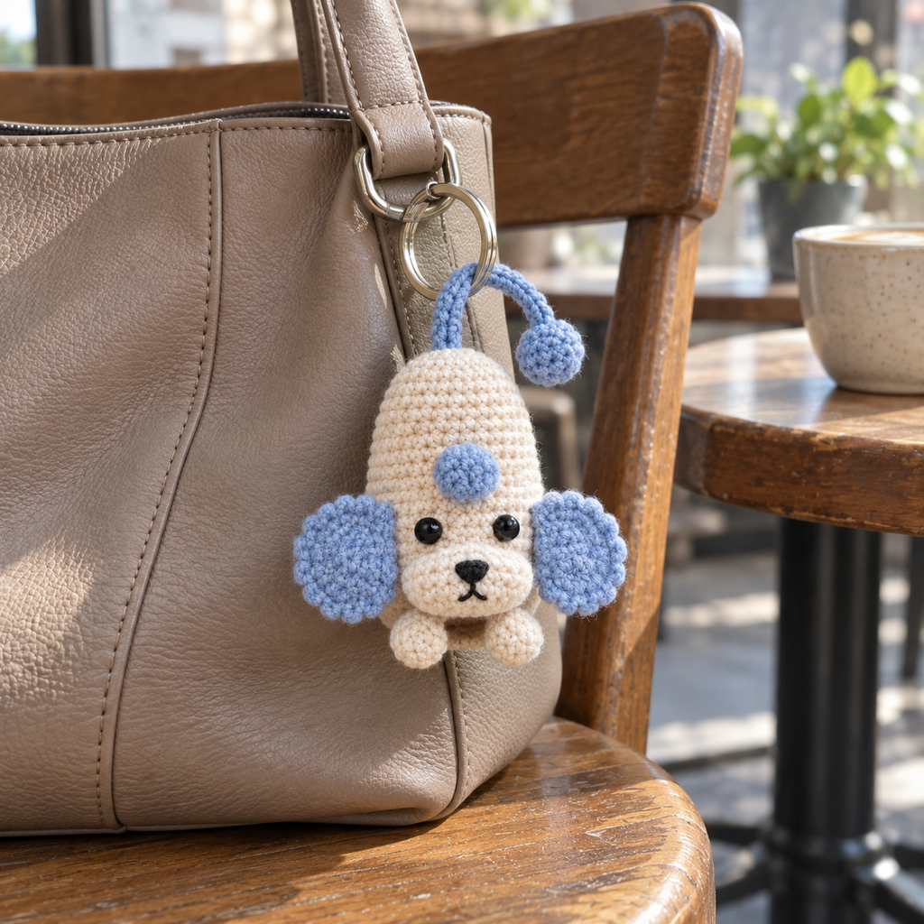 An ivory Poodle crochet key pouch with pale-blue ears and pompoms hanging from a handbag on a cafe chair.