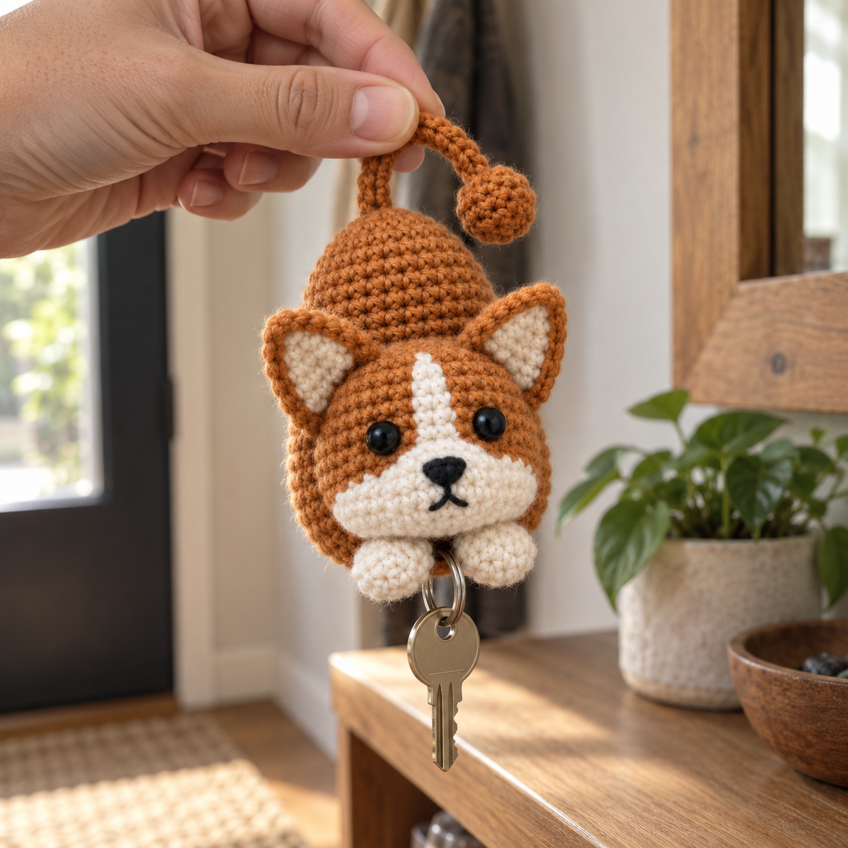 An adult hand pulling the orange tail loop of a Corgi crochet key pouch, with a house key emerging below its front paws.