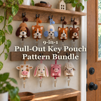 Nine animal crochet key pouches hanging from hooks by a front door with keys attached: 9-in-1 Pull-Out Key Pouch Pattern Bundle