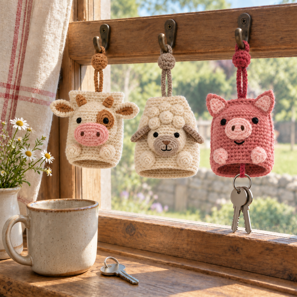 Cow, Lamb and Pig crochet key pouches hanging at a farmhouse kitchen window beside a mug and keys.