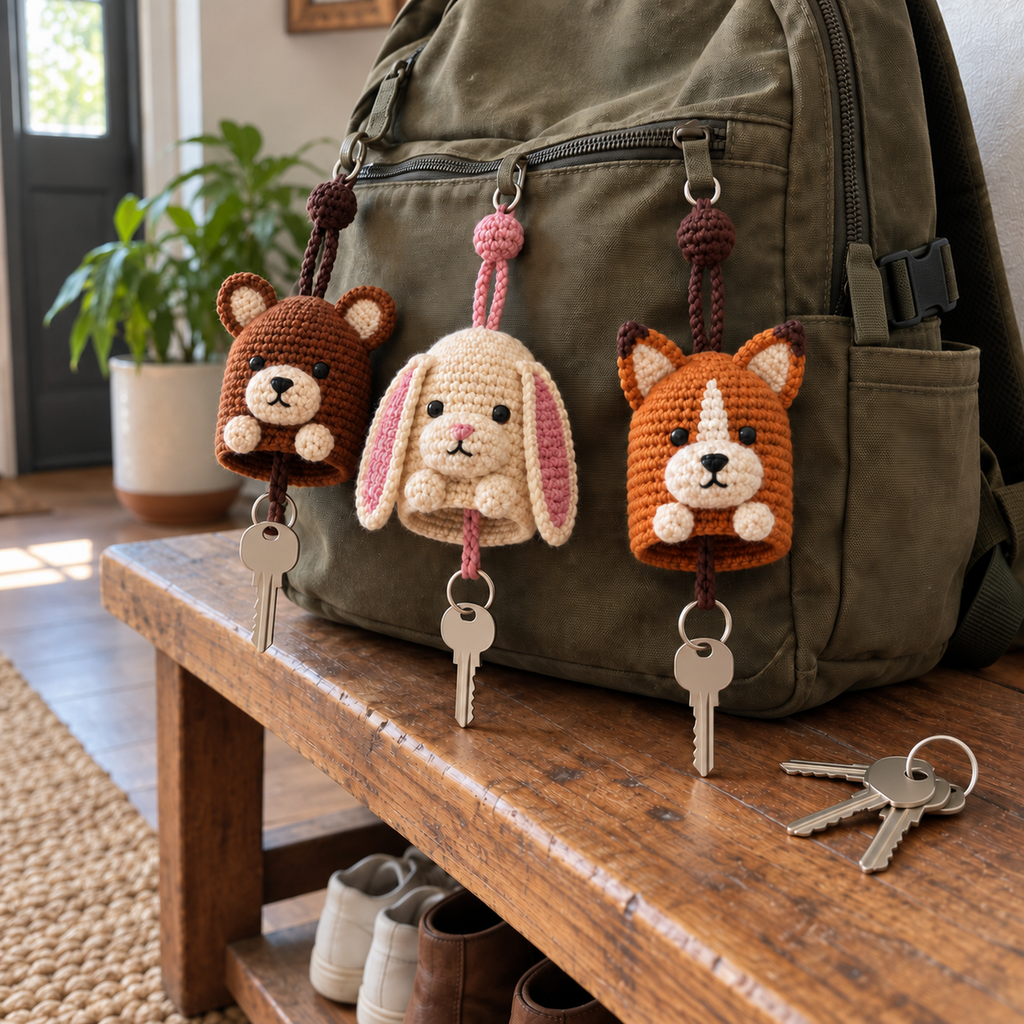 Bear, Bunny and Fox crochet key pouches clipped to a backpack on a wooden bench with keys.