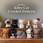 10-in-1 Kitty Cat Crochet Pattern title above ten crocheted kittens on a wooden bench.